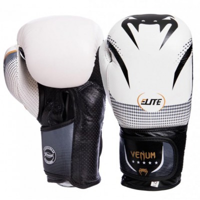 Рукавички для боксу та єдиноборств шкіряні Venum NEW ELITE Champ Pro 2042 White-Black-Gold 12 унцій