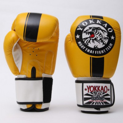 Рукавички для боксу та єдиноборств шкіряні YOKKAO YK016 Yellow-Black-White 10 унцій