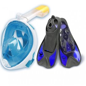 Маска для плавання + ласти (комплект) FREE BREATH (S/M) Синя з кріпленням для камери і Спортивні Ласти VelaSport Сині